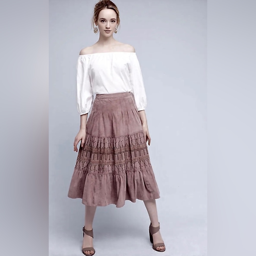 NWT Anthropologie Skirt Maxi Midi Suede Tiered Lazer Cut Ruffle 10 Large Mauve